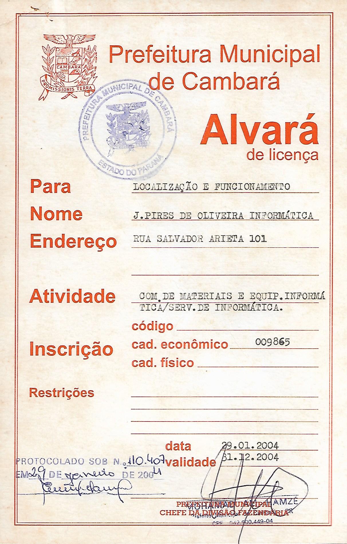 Alvará de licença da J.Pires de Oliveira Informática, emitido pela Prefeitura Municipal de Cambará em 29/01/2004